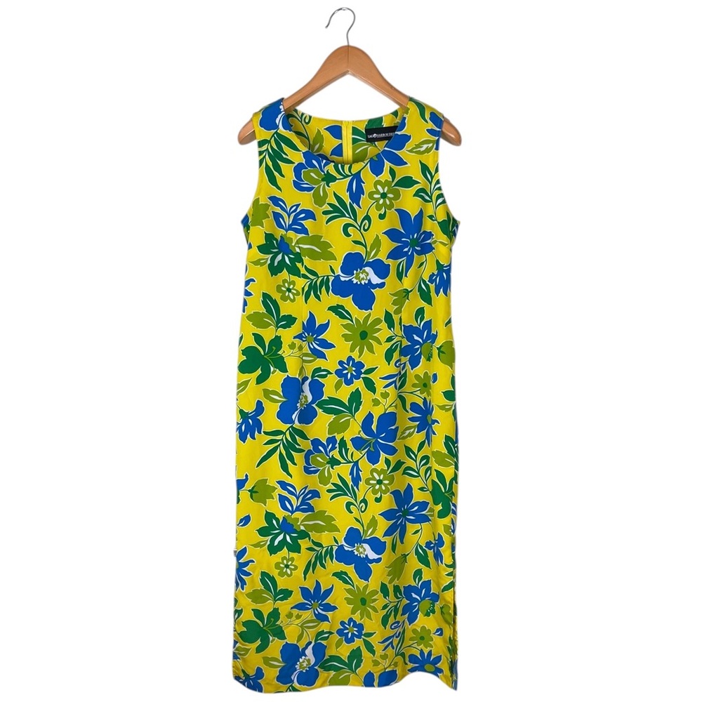 Vintage Sag Harbor Women’s 14 Yellow Blue Floral Print Shift Dress Spring Summer